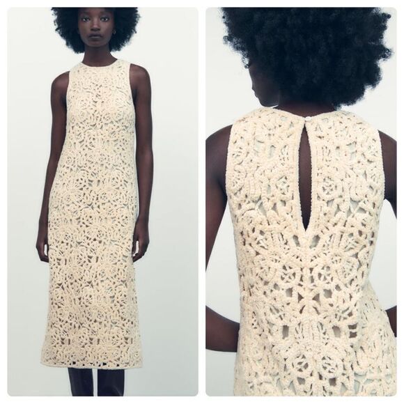 Zara Macrame Pointelle Dress Ecru New - Picture 1 of 9